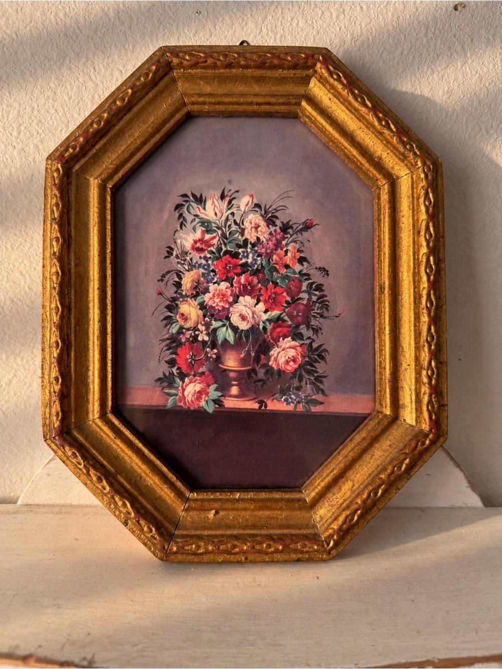Vintage Florentine Floral Still Life Gold Ornate Octagonal Frame | Made in Italy